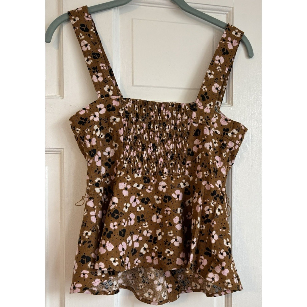 Who What Wear Womens XS Brown Pink Floral Linen Blend Button Front Peplum Top - Picture 7 of 9